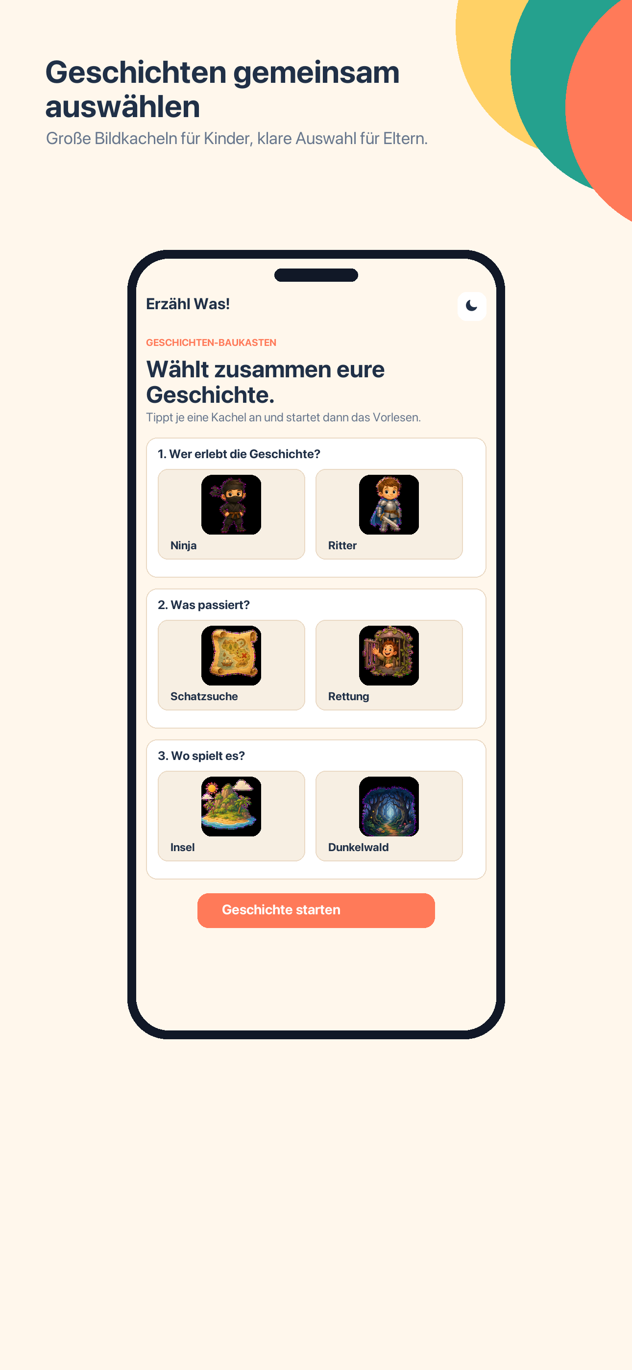 App-Screenshot: Auswahl von Held, Aufgabe und Ort