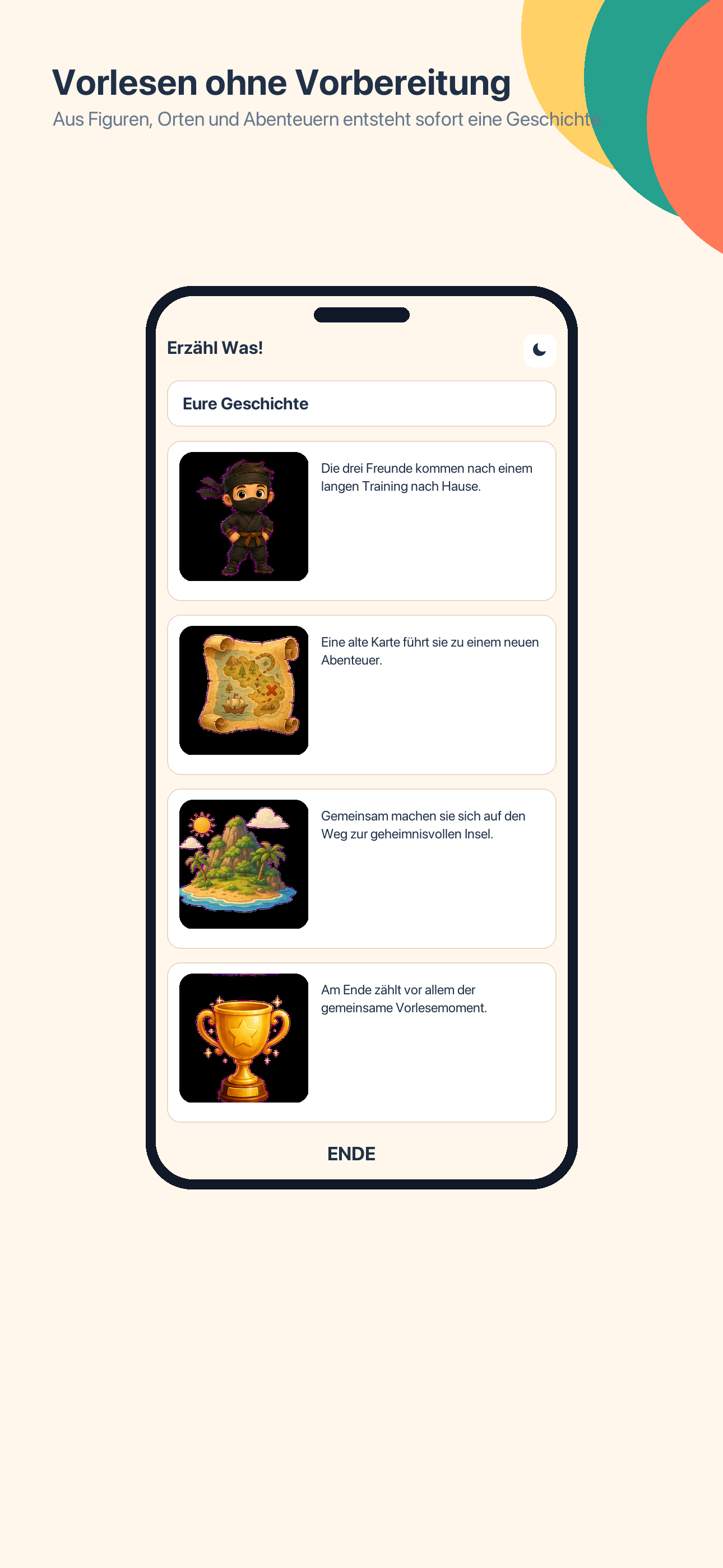 App-Screenshot: Vorlesen der fertigen Geschichte