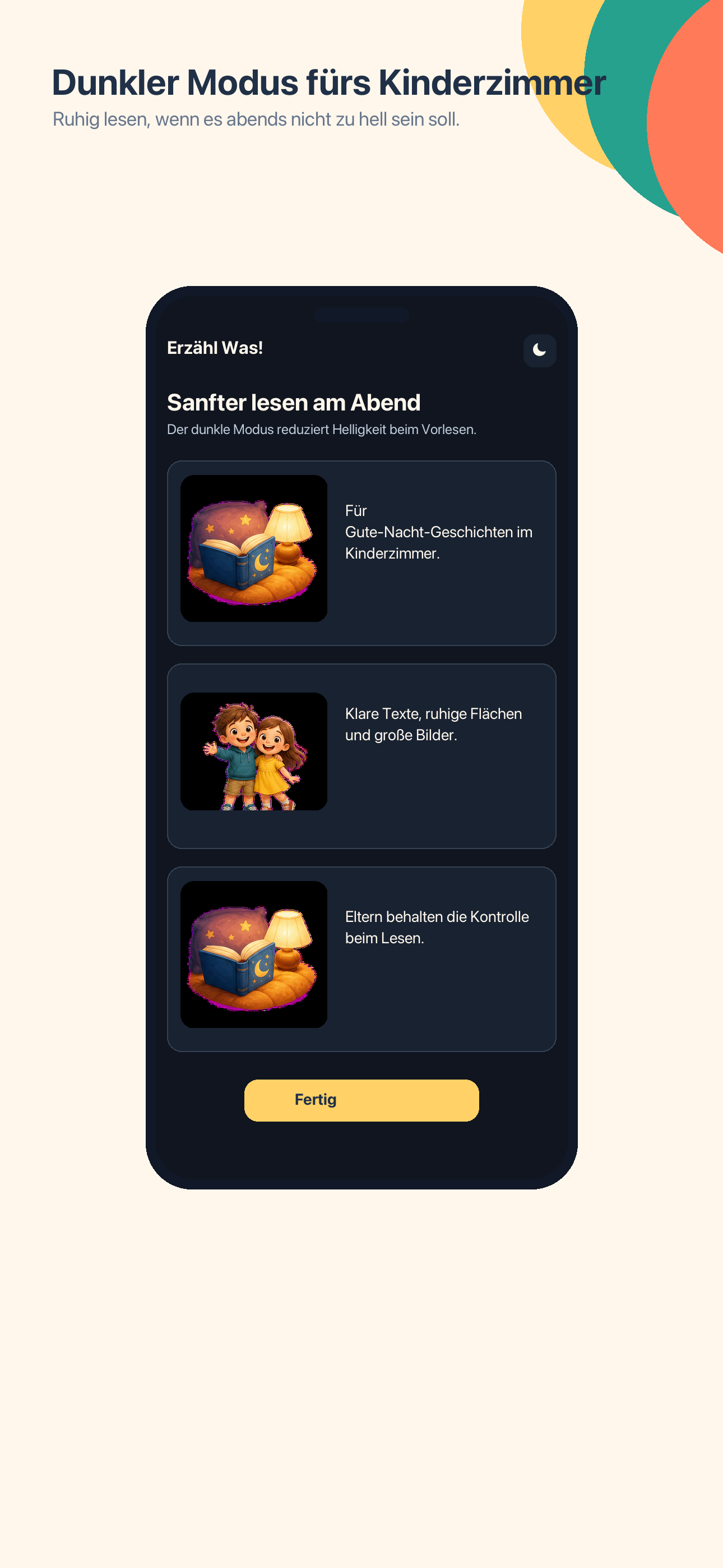 App-Screenshot: Dunkelmodus für ruhige Abende